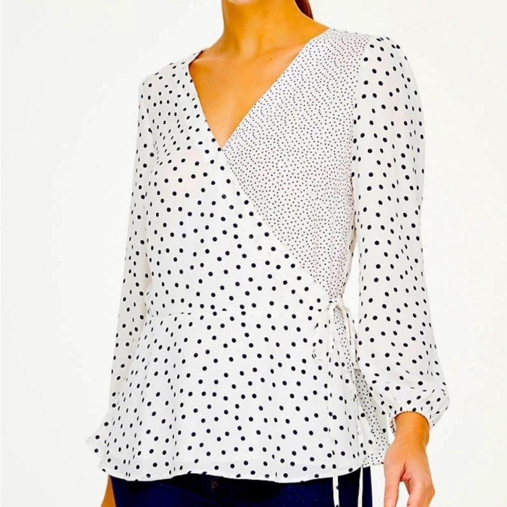 LOFT White and Black Wrap Blouse with 3/4 Sleeves